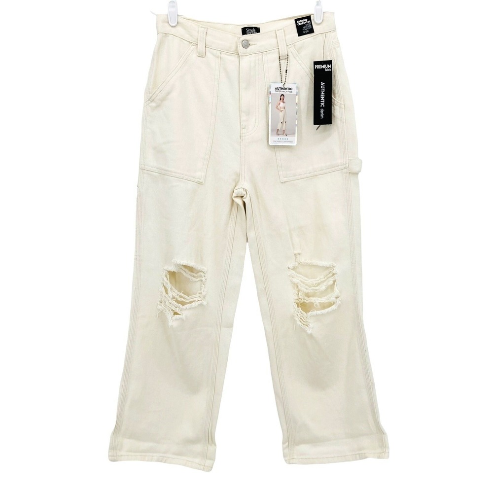 Simply Society Women's Crop Carpenter Pant 9/29 Distressed Cream Rolled-Cuff NWT